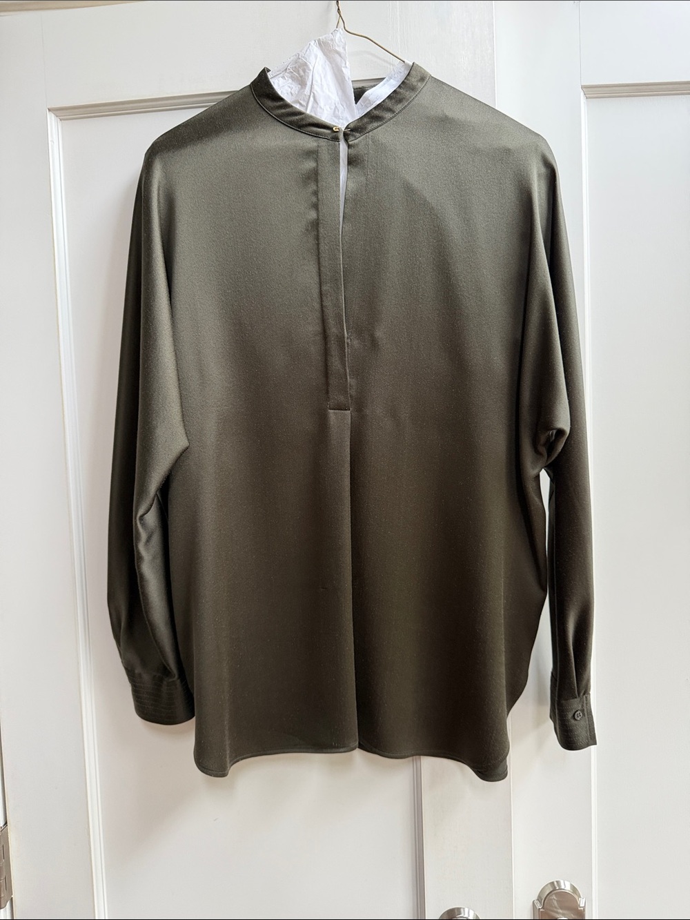 Vince silk satin woman’s Band-Collar tunic blouse, olive green